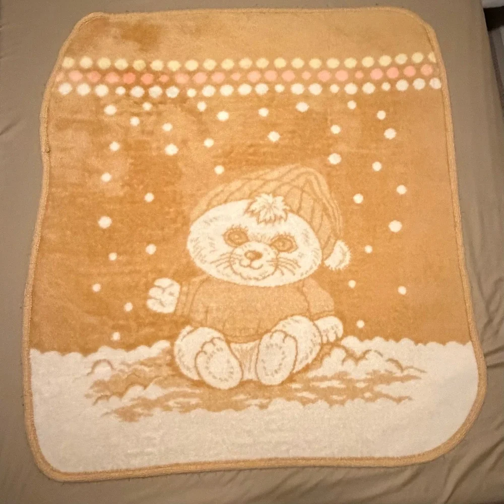 VTG San Marcos Baby Blanket Reversible Teddy Bear Snow Acrylic 50